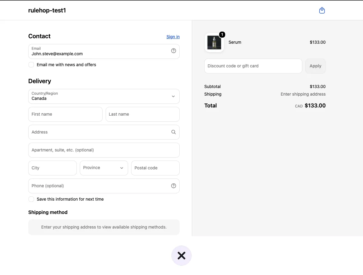The same Shopify checkout with the same Serum, but an untagged customer's email entered. There is no discount line and the price stays at $133.00. A cross below the screen marks this as the cart that should not qualify.